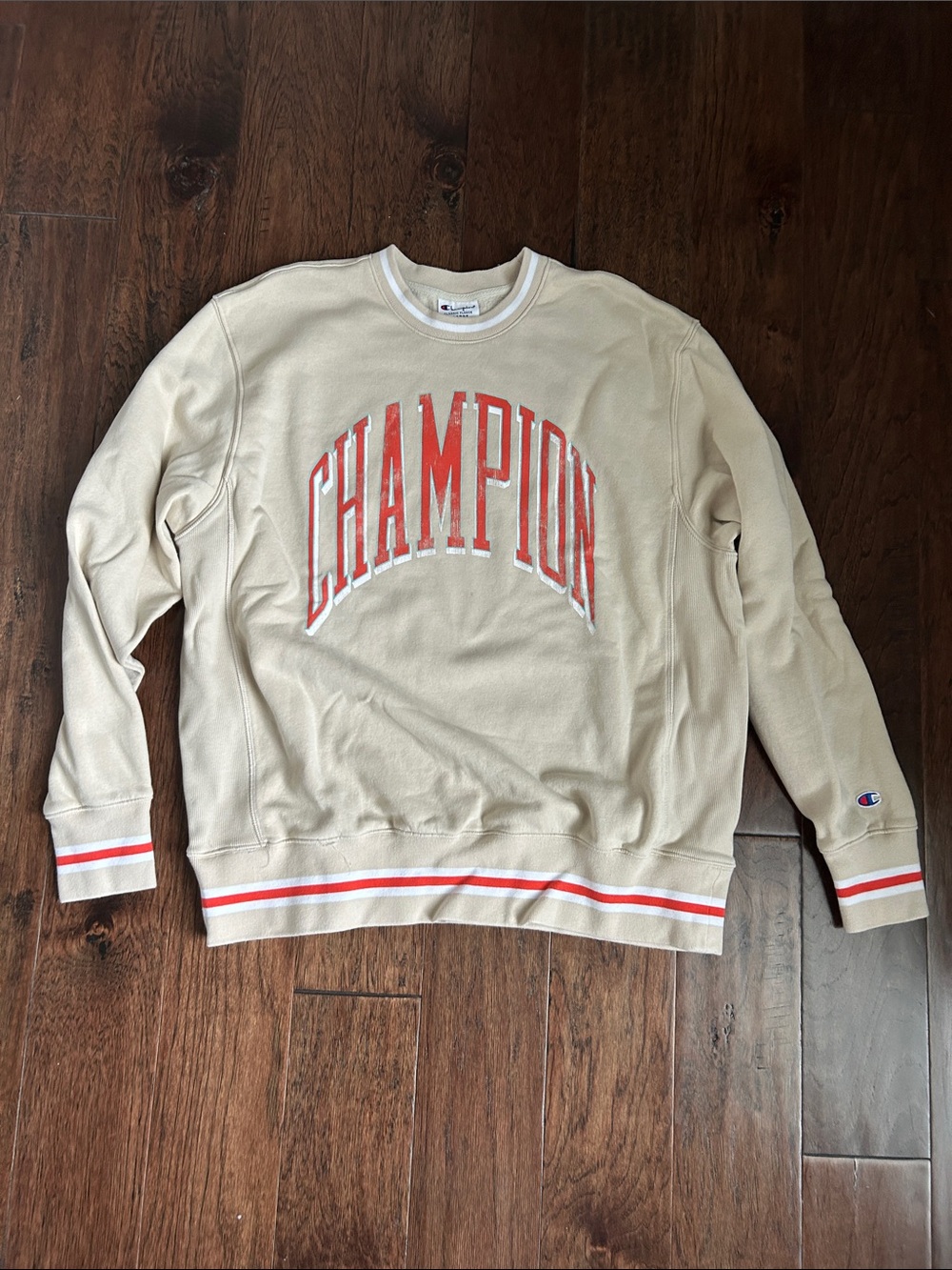 Champion Men's XL Cream Crewneck Sweatshirt with Orange Logo